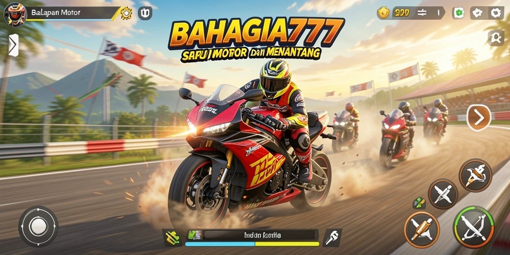 Menampilkan gameplay menarik dari BAHAGIA777 dalam balapan motor.