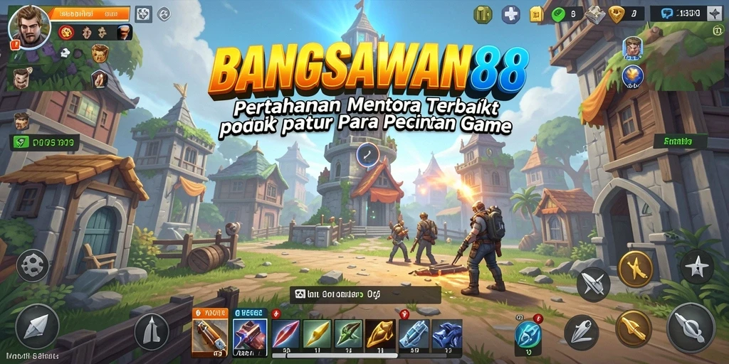 Tampilan gameplay menarik dari BANGSAWAN88 dengan menara yang menghalau gelombang musuh.