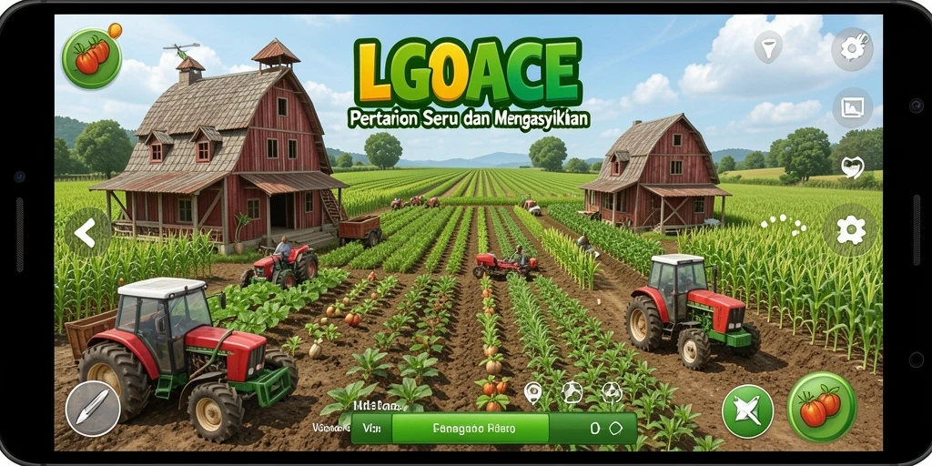 Gambar gameplay LGOACE dengan tanaman segar dan alat pertanian.