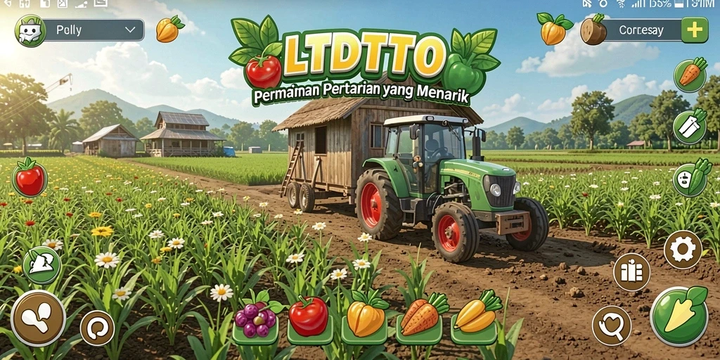 Screenshot gameplay LTDTOTO menampilkan kebun yang subur dan hewan peliharaan.