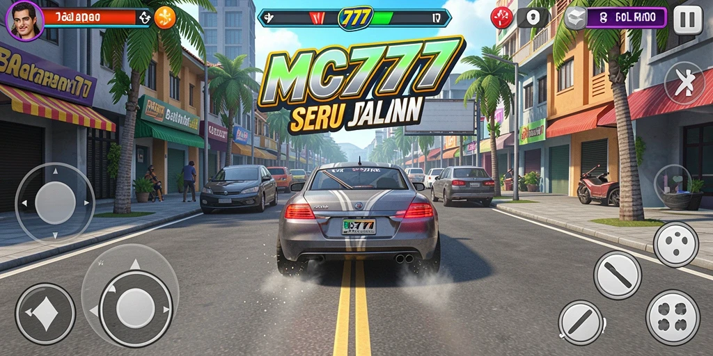 Screenshot gameplay MC777 dengan aksi balapan mendebarkan dan kendaraan cepat.