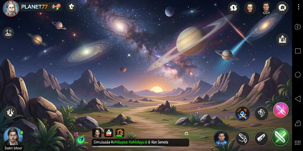 Tampilan gameplay <strong>PLANET77</strong> yang menunjukkan interaksi dan pengelolaan planet.