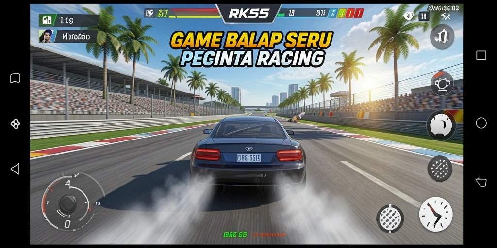 Tampilan gameplay RK55 yang menegangkan di lintasan balap.