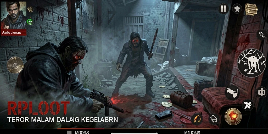 Tangkapan layar gameplay RPLOOT menampilkan suasana menyeramkan dan mencekam.