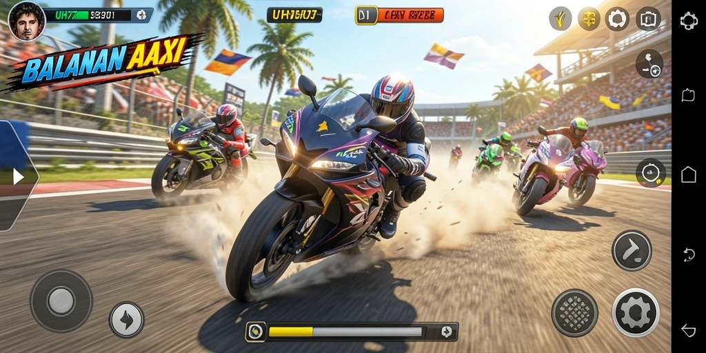 Tangkapan layar UH77 menampilkan aksi balapan motor yang intens.